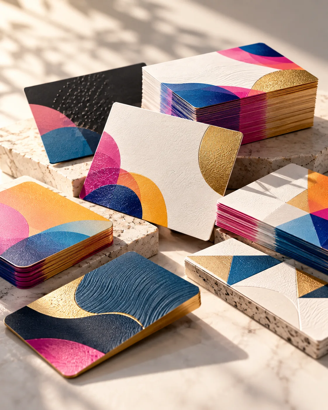 Fan arrangement of thick printed business cards on matte and soft-touch card stock
