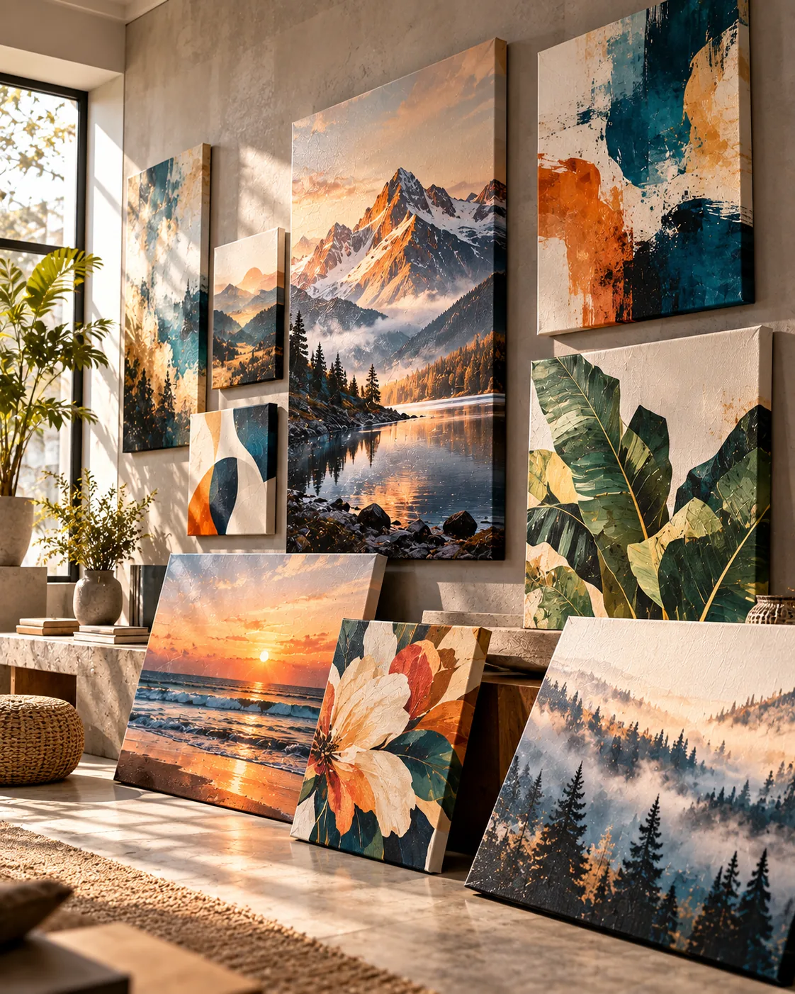Stretched canvas artworks displayed on a sunlit gallery wall