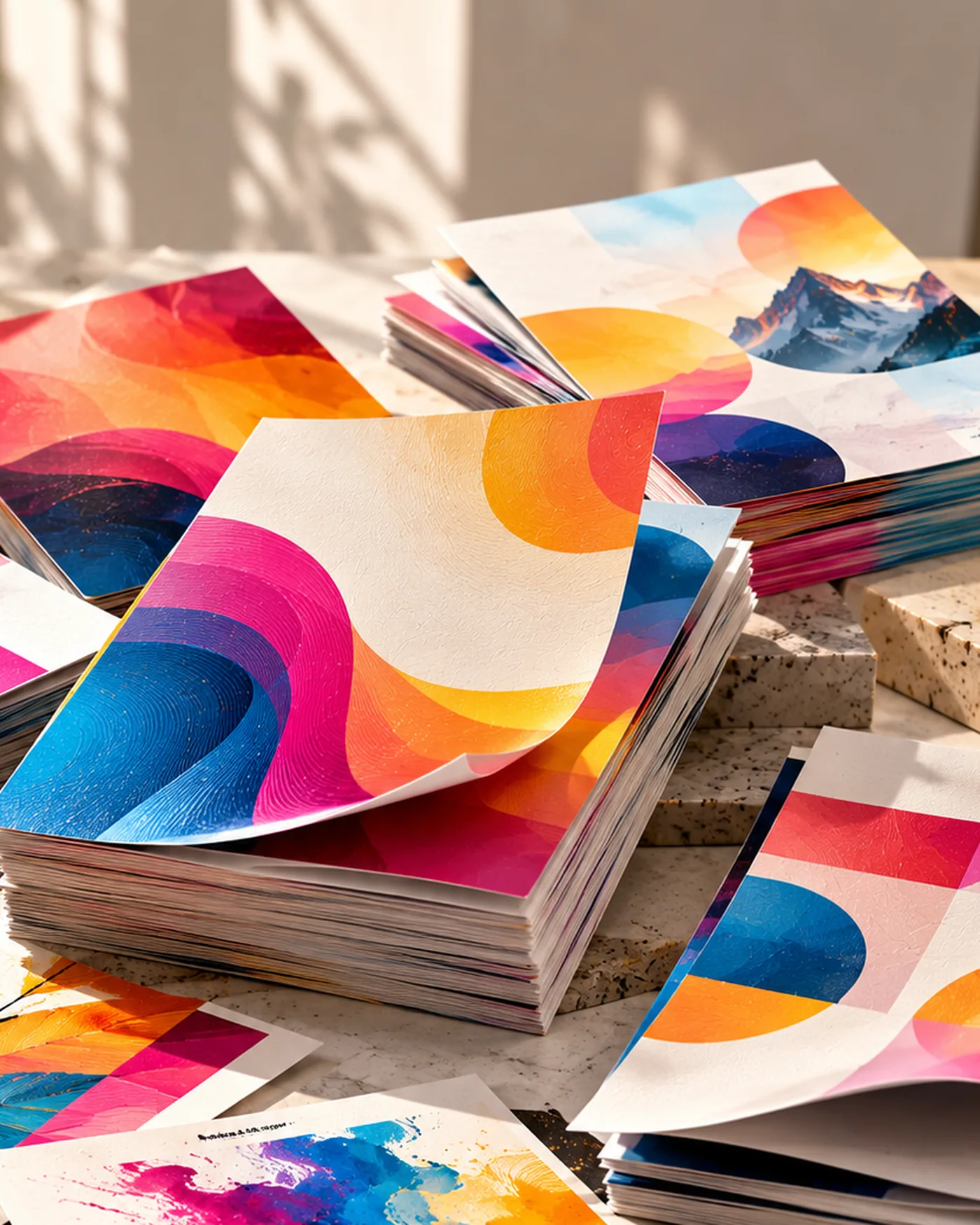 Printed leaflets and flyers showing abstract colour artwork
