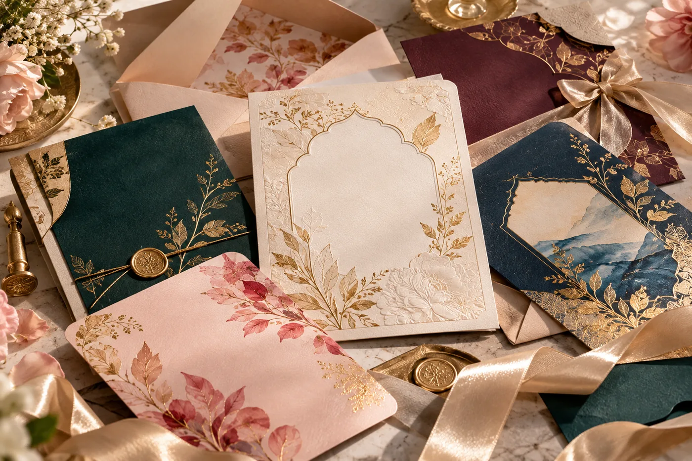 Layered celebration stationery on heavyweight textured paper with ribbon and envelope details