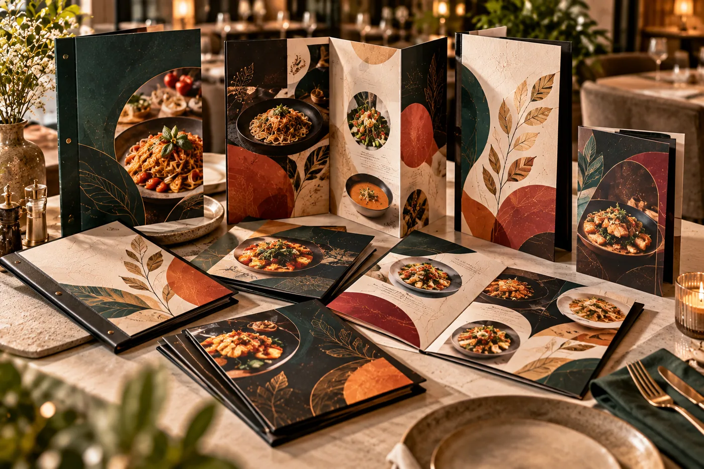 Restaurant menu cards on textured paper with a laminated finish