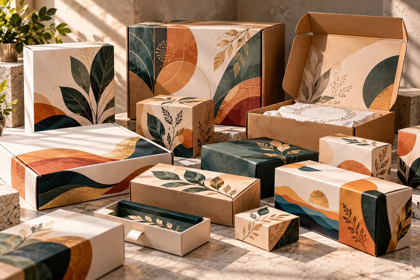 Printed packaging boxes and gift boxes in kraft and white board