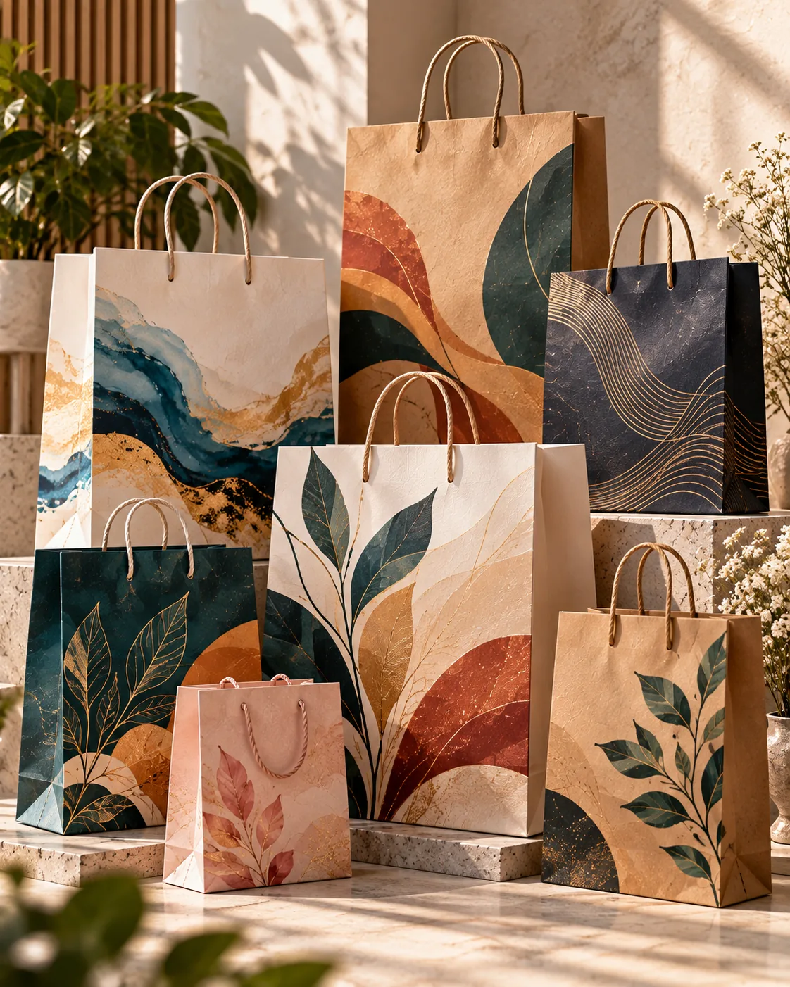 Printed paper shopping bags in kraft and coated paper with twisted handles