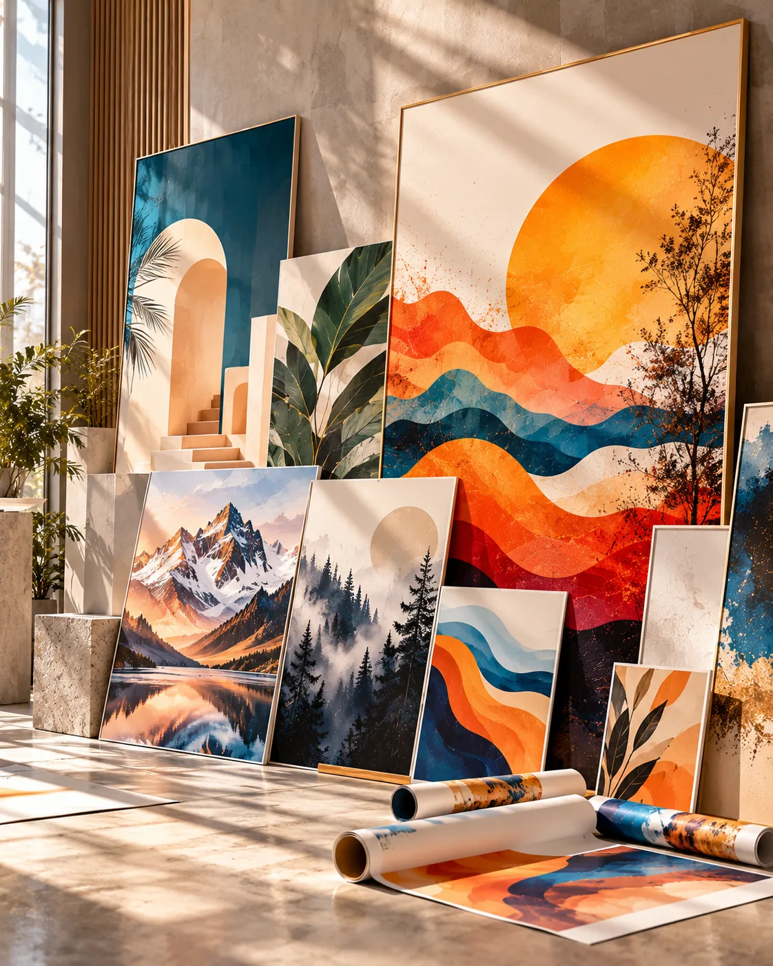 Large art posters leaning against a minimalist studio wall in daylight