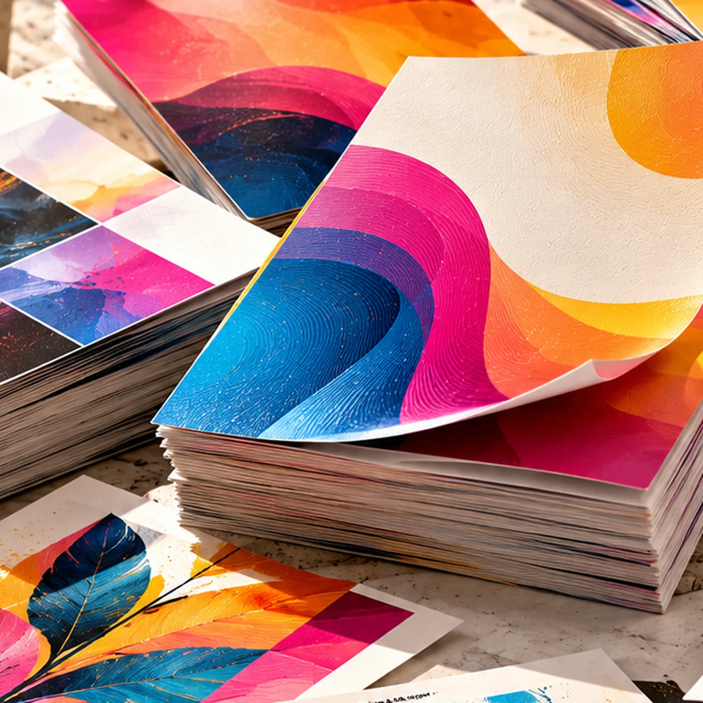 Printed leaflets stacked with abstract colour artwork