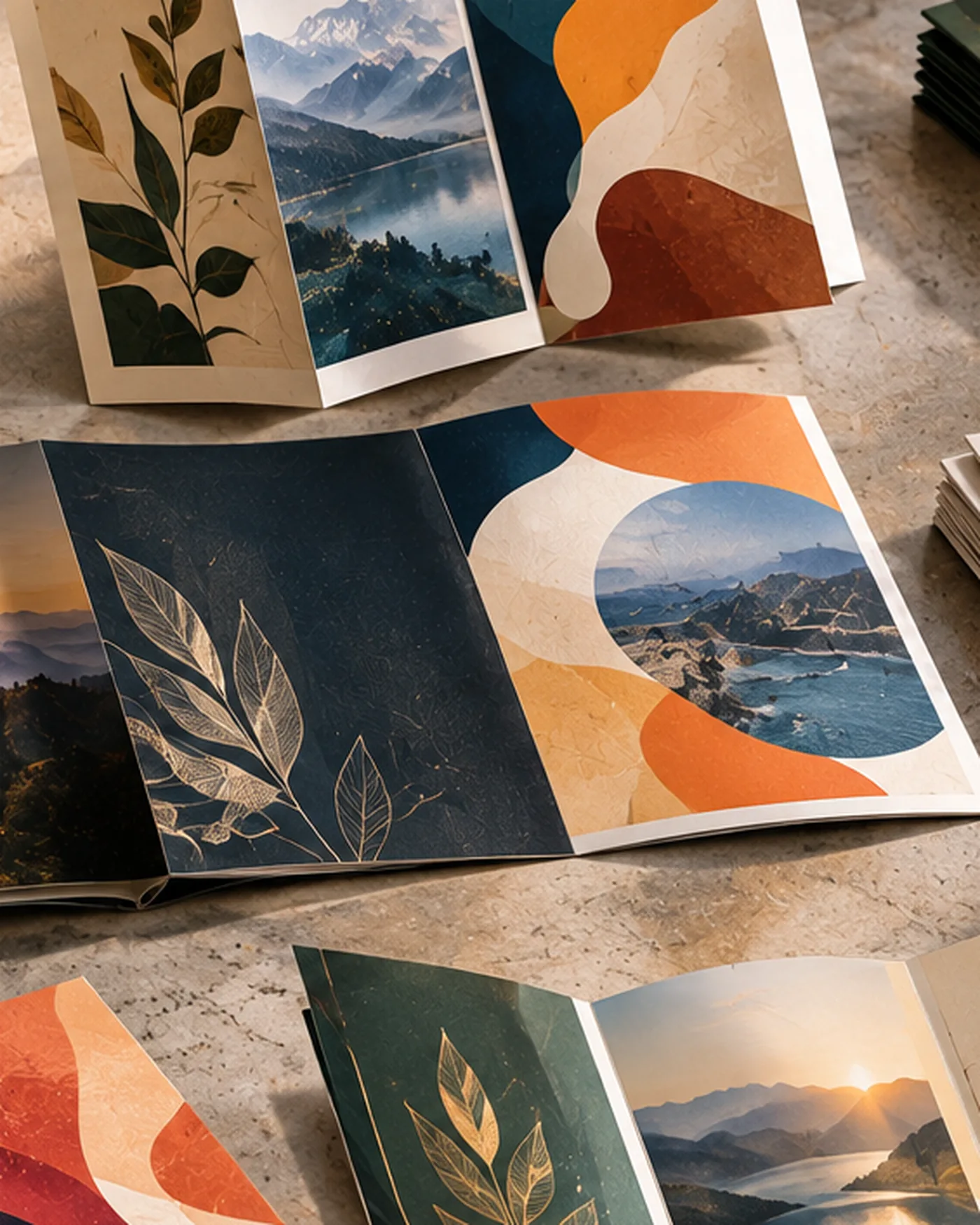 Printed brand stationery laid out flat on a studio surface