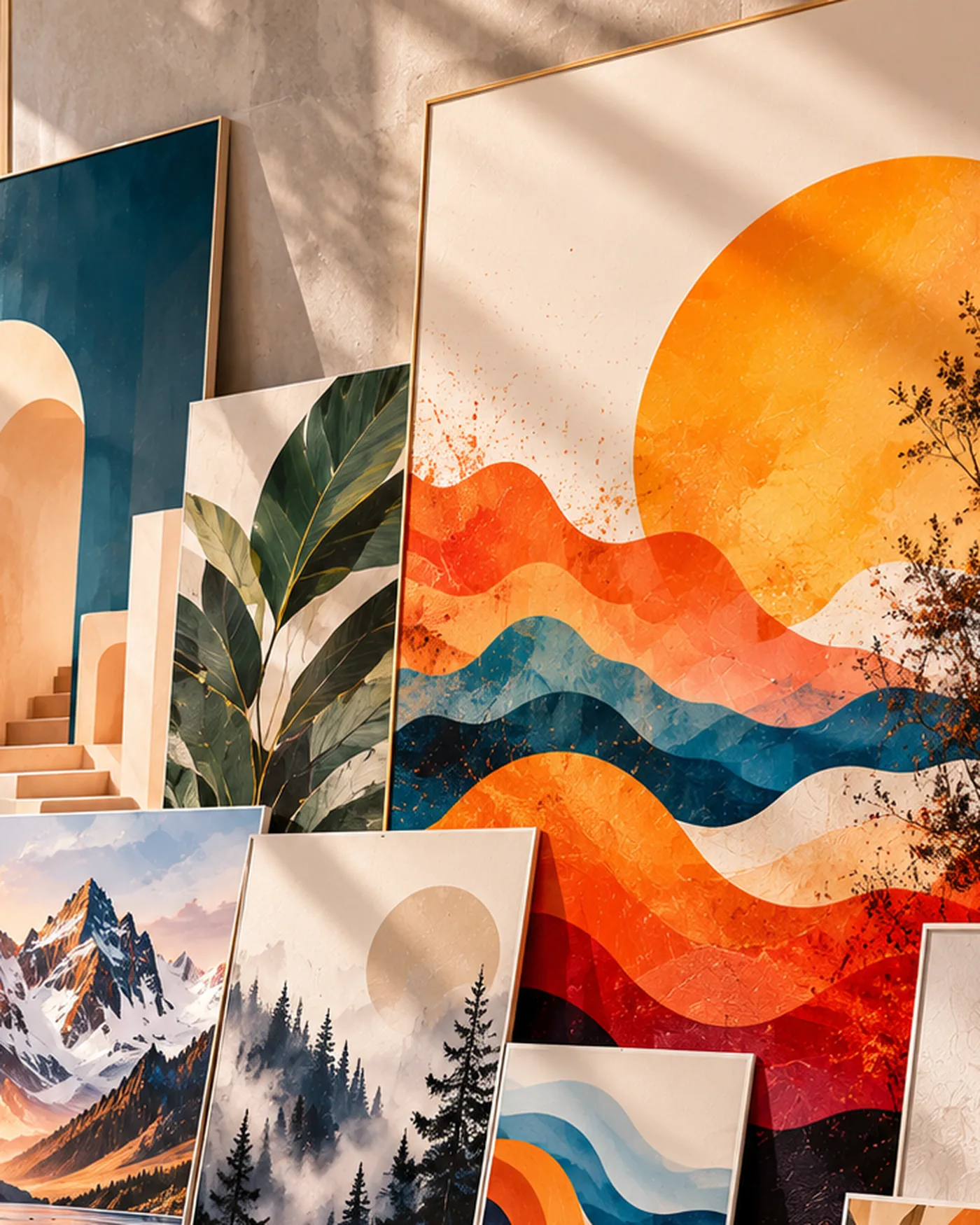 Printed artwork at close range on a sunlit gallery wall