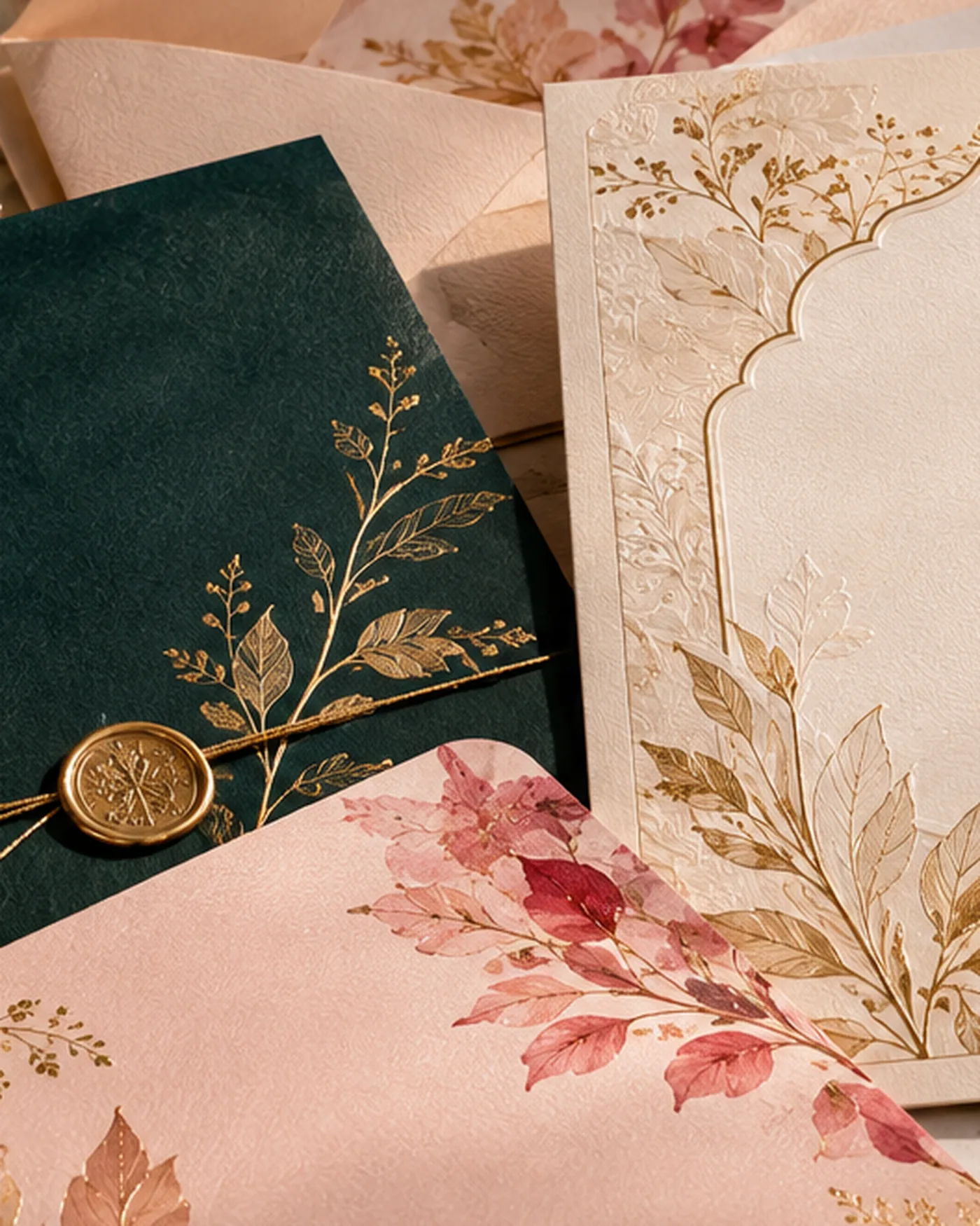 Detail of a celebration invitation suite with ribbon and layered card