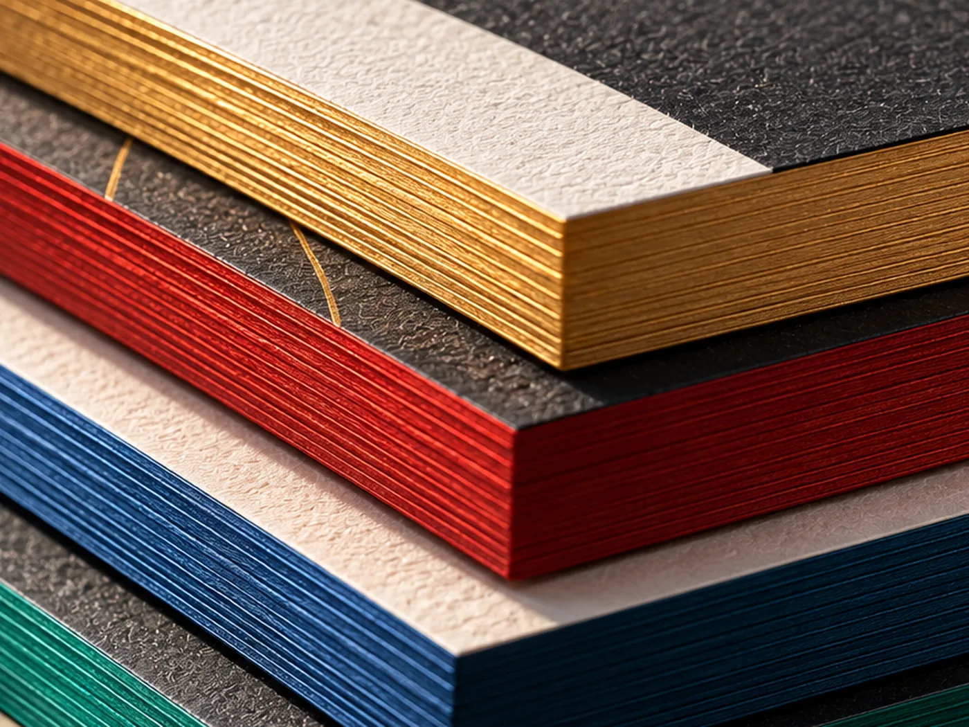 Layered paper samples showing stock weight and finish