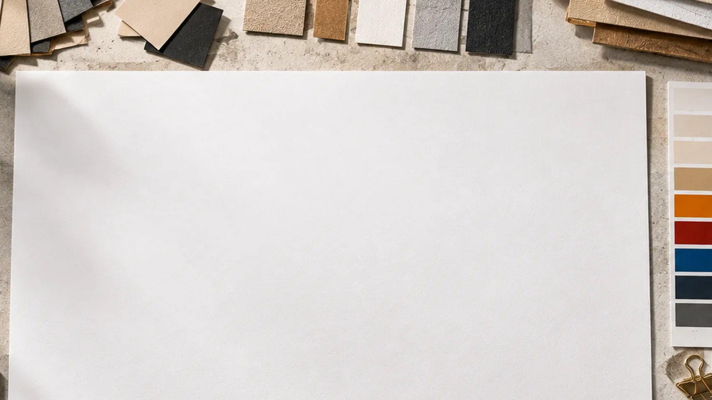 Design workspace with printed samples and tools in progress
