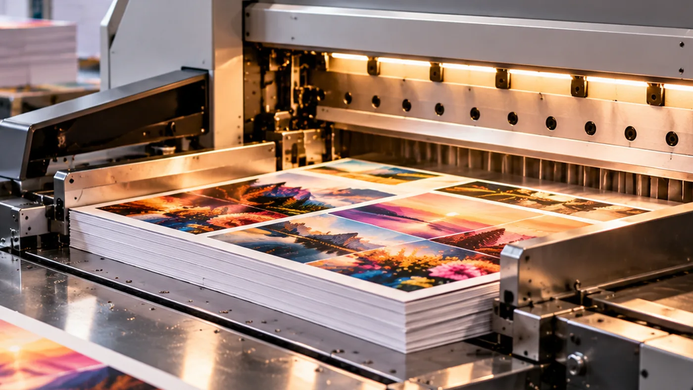Finishing machine trimming a stack of printed sheets