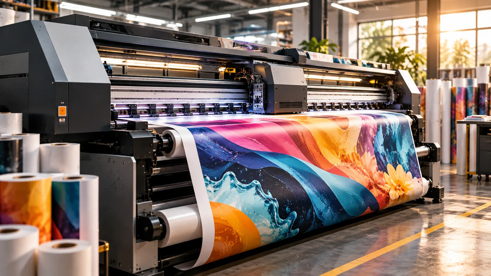Industrial print floor with presses running and finished output stacked