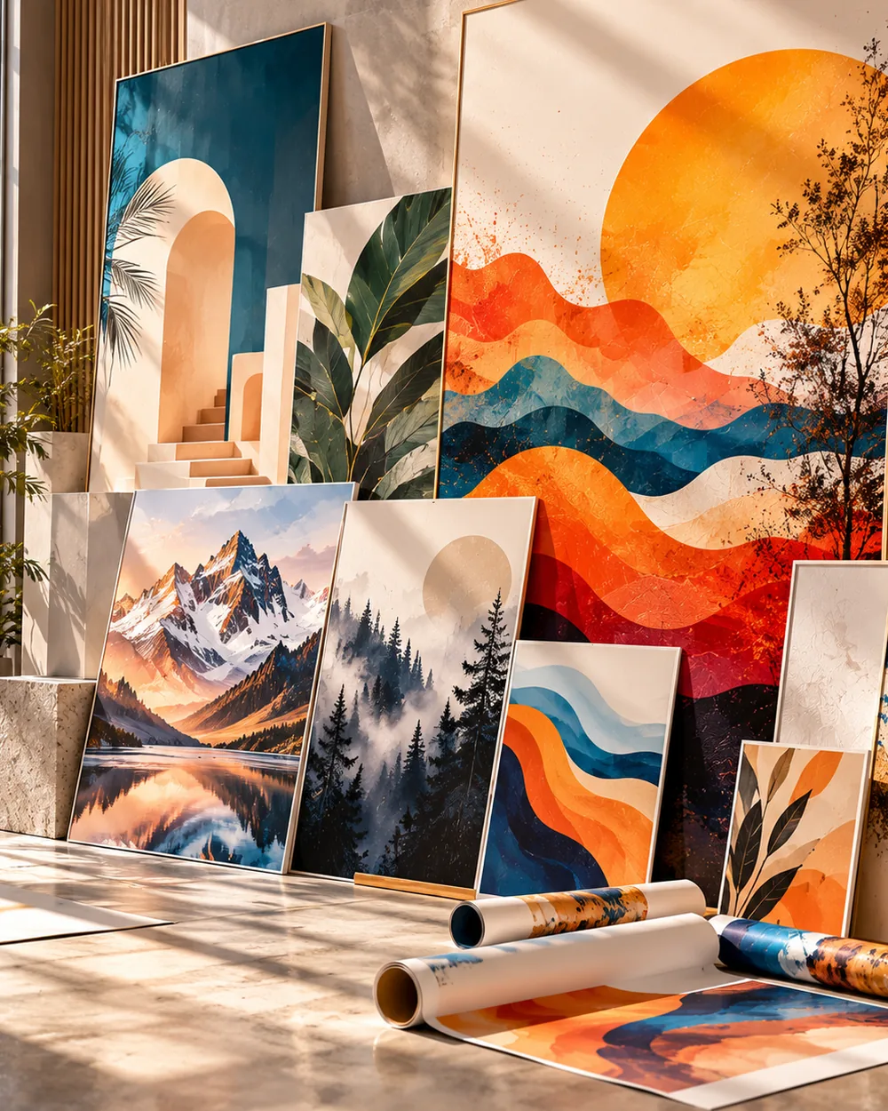Large-format art posters arranged in a bright gallery interior