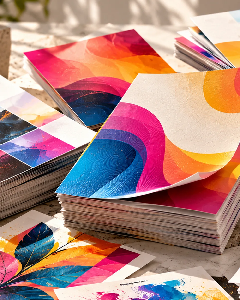 A5 flyers with vivid abstract printed artwork