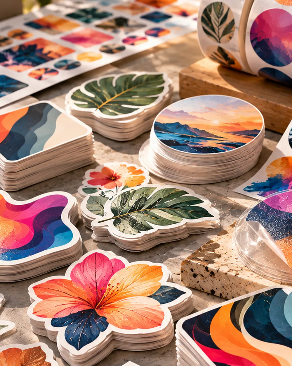 Die-cut stickers in custom shapes with glossy and matte artwork