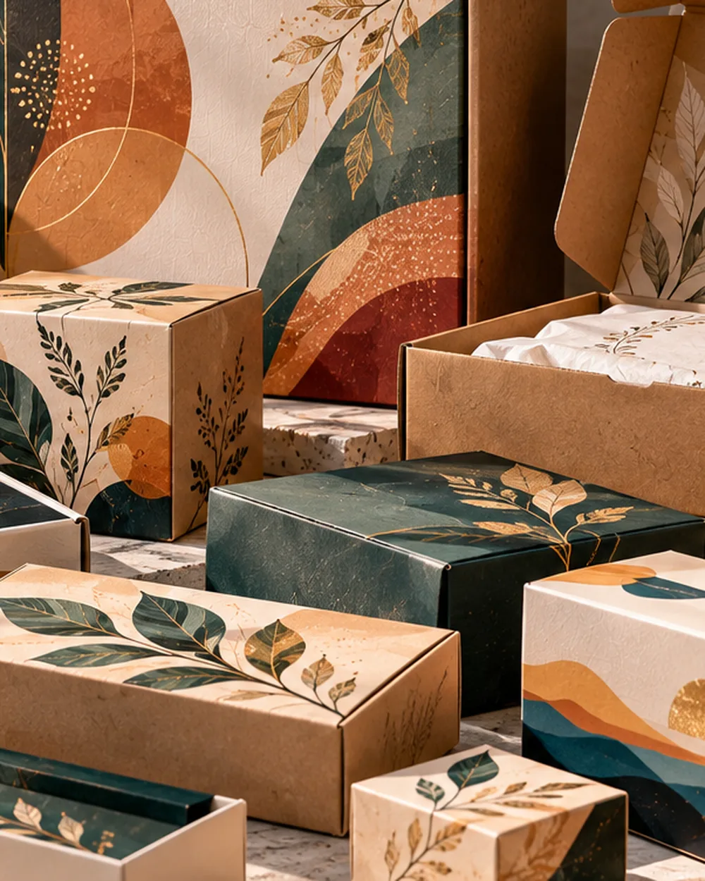 Custom printed packaging boxes with abstract geometric artwork
