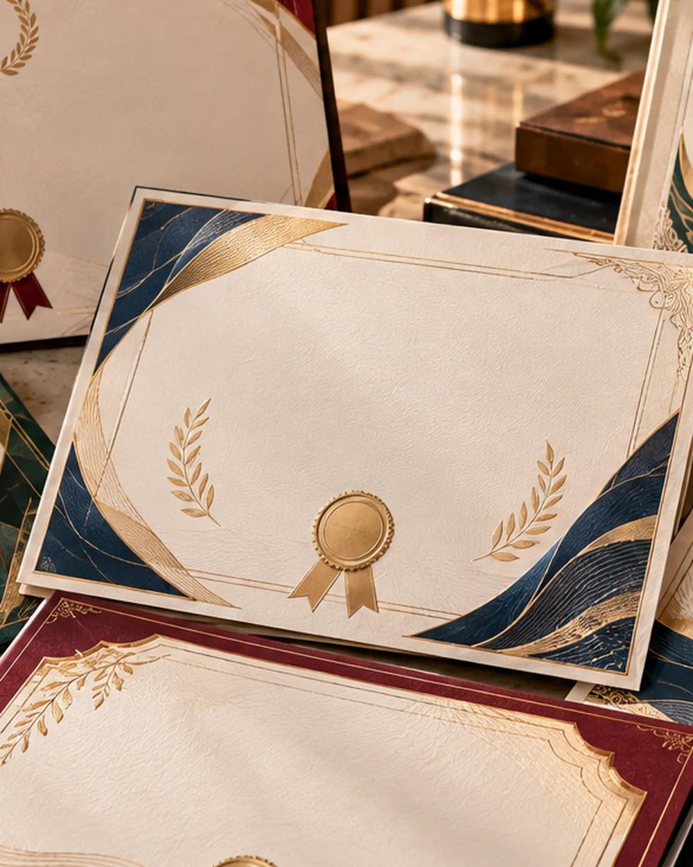 Event tickets with embossed borders and foil detailing