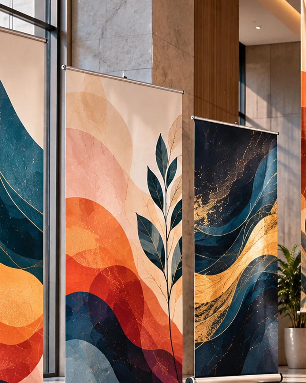Large-format flex banner installed in a contemporary lobby