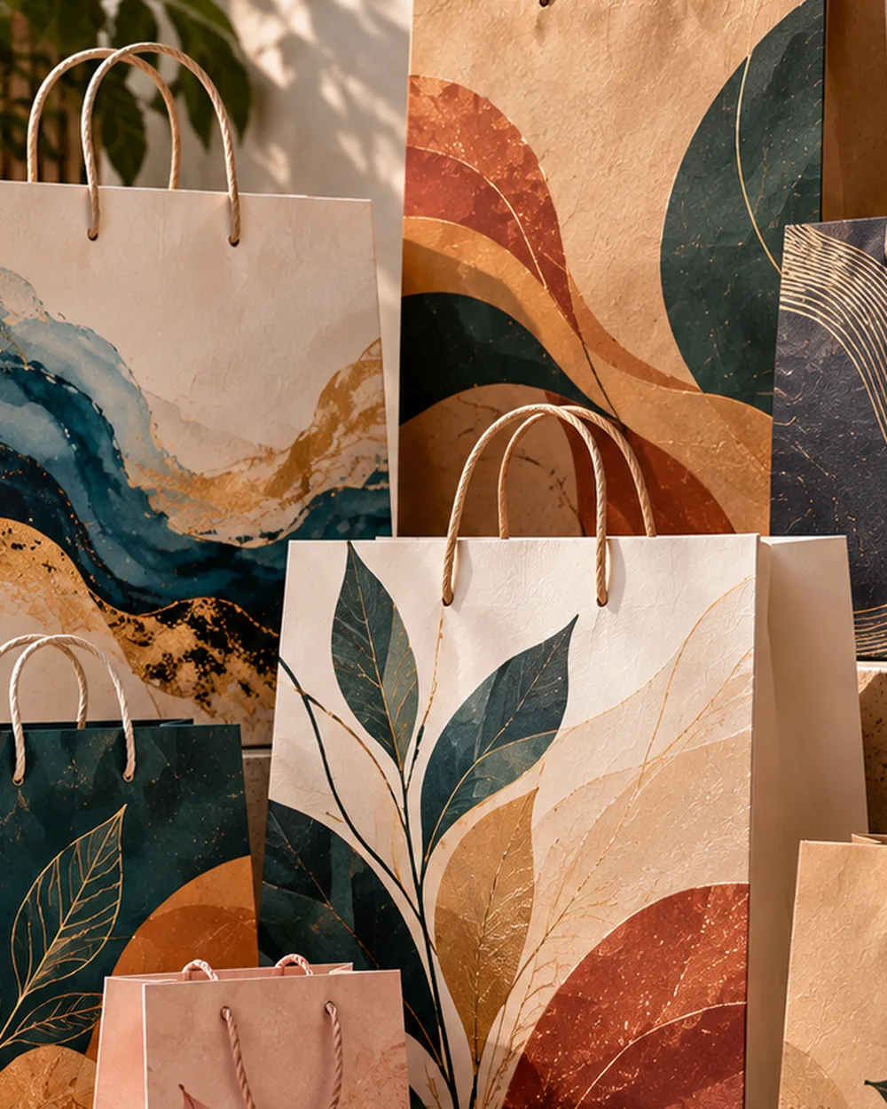 Printed hang tags with abstract artwork on a boutique display