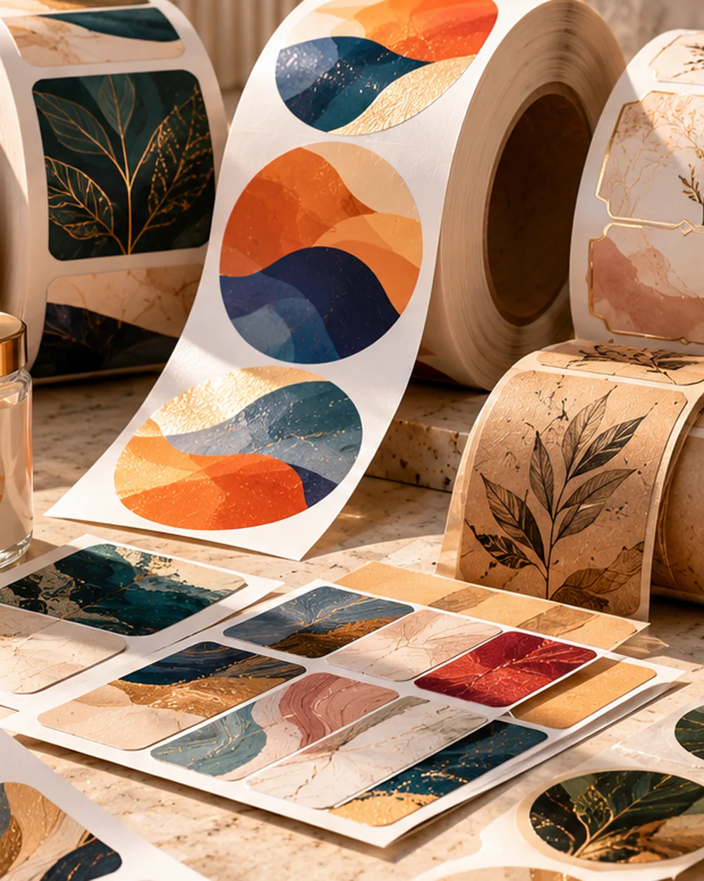 Printed product labels in a studio flat lay