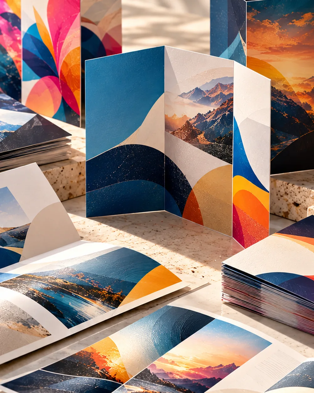 Tri-fold brochures with abstract editorial layouts and crisp folds