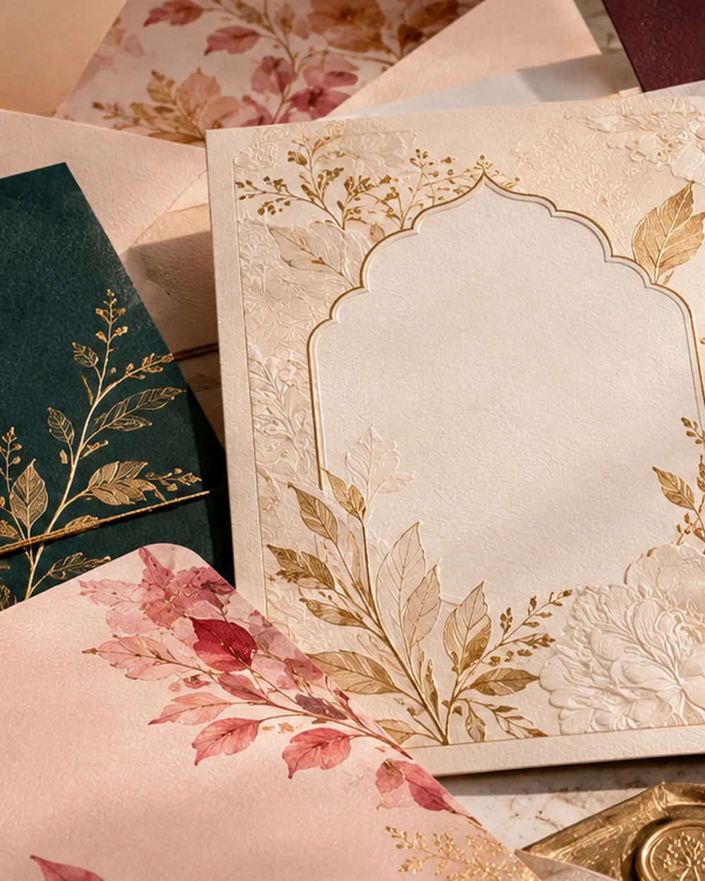 Wedding invitation suite on textured paper with ribbon and envelope details