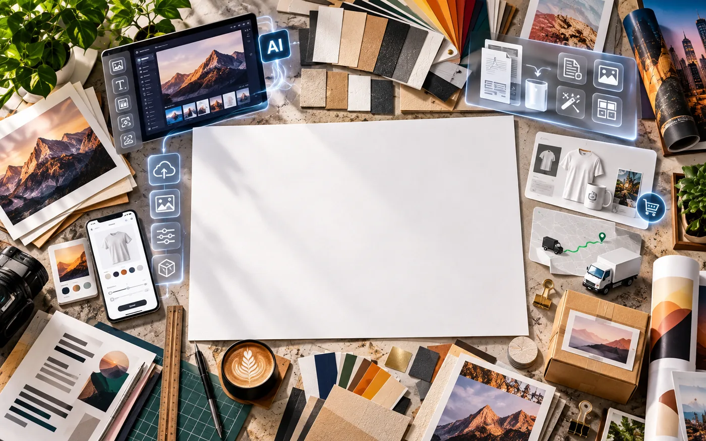 Generated print concepts laid out across a design workspace