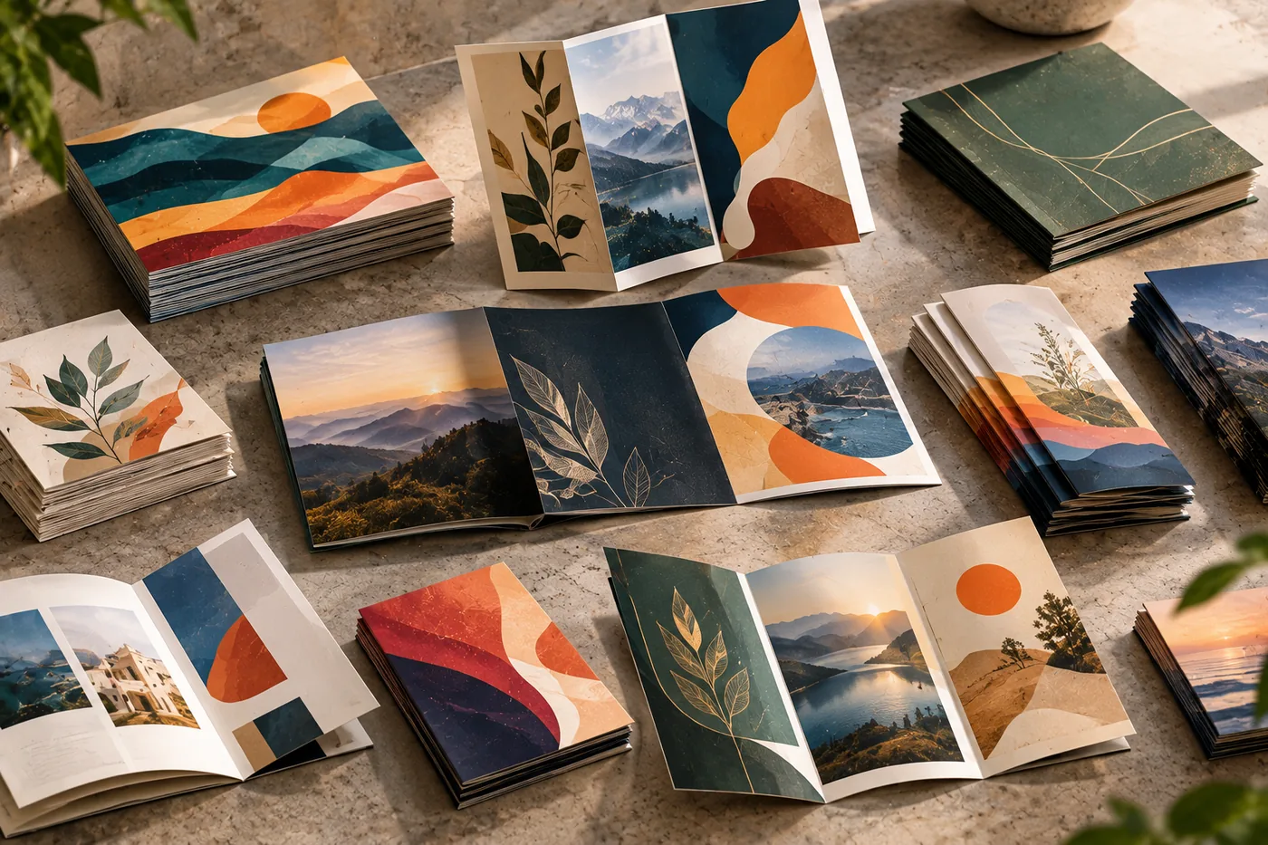 Brochure layout in progress on a design studio table